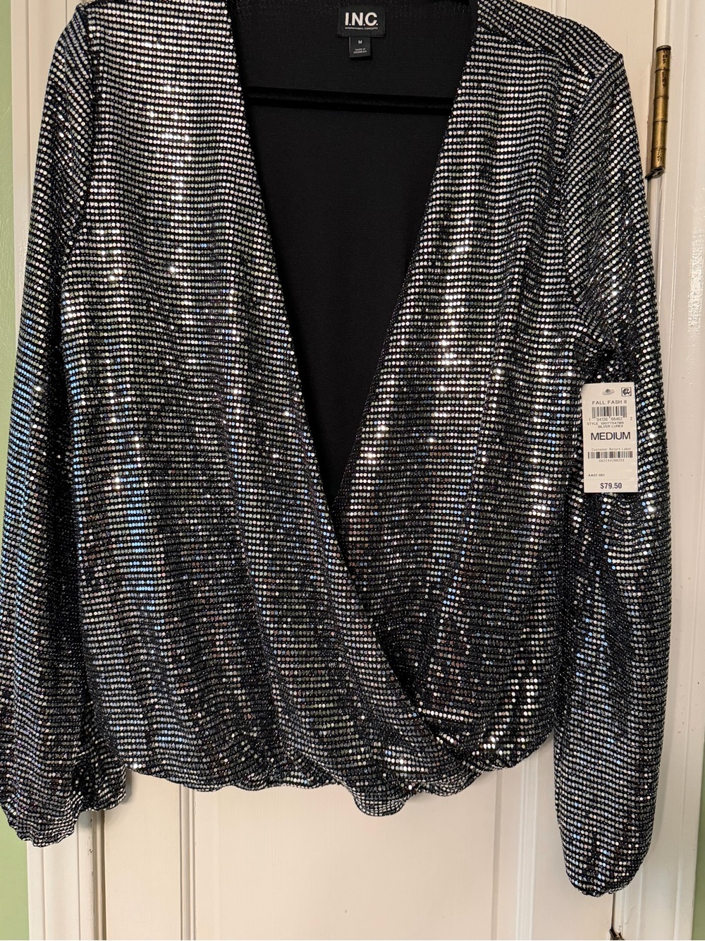 INC International Concepts Black Silver Sequin Wrap Top
